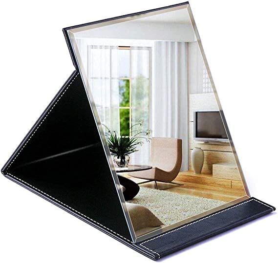 Besillia Protable PU Leather Mirror Folding Desktop Makeup Mirror with Adjustable Stand for Personal Use,Travelling (Pack of 1,Black)-image-4