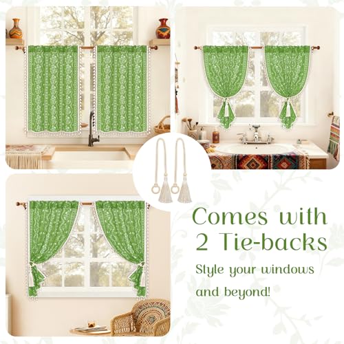 Image of Yinhua Boho Kitchen Curtains 36 Inch Length Vintage Linen Cafe Curtains Light Filtering Bohemian Floral Tier Rod Pocket Farmhouse Rustic Tassel Small Drapes with Tiebacks, 2 Panels, Green