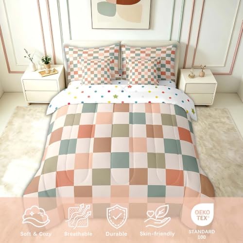Image of Feelyou Multicolored Checkered Retro 7 Piece Bedding Set Kids Boys Geometric Vintage Comforter Set with Sheets King Size Ivory White Colorful Bed in a Bag Modern Simple Groovy Aesthetic Room Decor