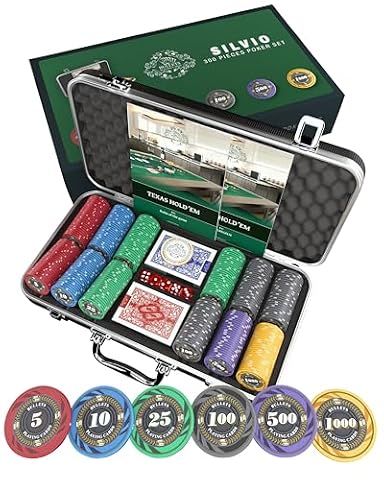 Bullets Playing Cards, Kuferek Silvio, zestaw do pokera z 300 ceramicznymi żetonami do pokera z nadrukowanymi wartościami wraz z ceramicznym przyciskiem dealera, dwupak kart do pokera