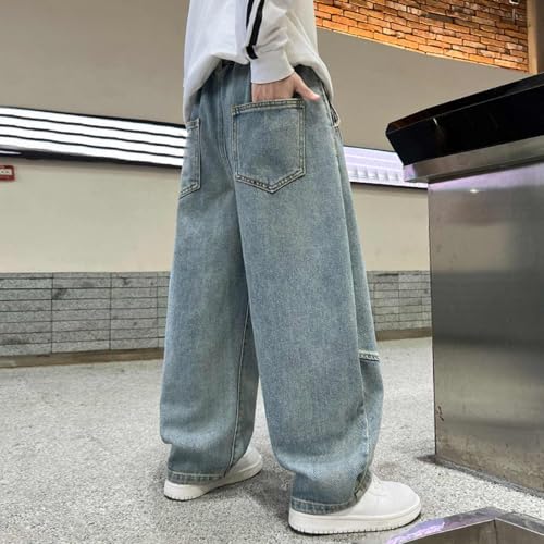 Boys Jeans Kids Wide Leg Denim Pants Streetwear Drawstring Elastic Waist Baggy Jean Trousers with Pockets4