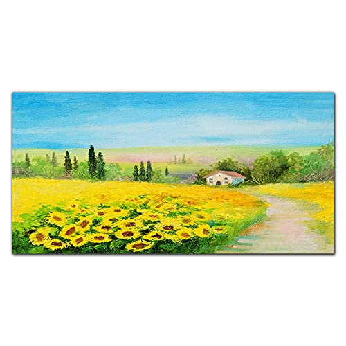 Décoration murale salon avec le grand tableau en verre paysage de tournesols 100x50