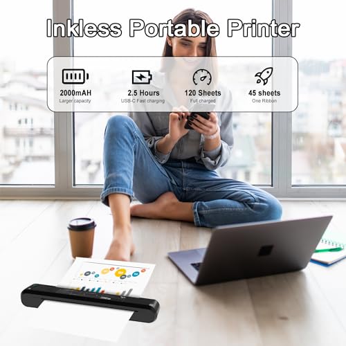 Image of Portable Printers Wireless for Travel - 300 DPI Bluetooth Thermal Printer Support 8.5x11 US Letter & A4 Regular Copy Paper, Inkless Printer Compatible with Mobile & Laptop for Home Office