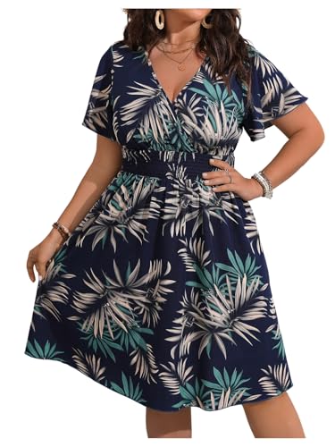 Image of Floerns Women's Plus Size Summer Vacation Wrap V Neck Short Sleeve Ruffle Hem A Line Hawaiian Short Dress