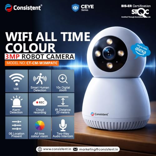 Image of Consistent Wireless Wi-Fi 3MP Indoor MINI Robot Camera, STQC Certified, 360 Smart Home CCTV, AI Human Tracking | All Time Color Night Vision | Alexa Voice Support | Upto 256GB Memory Card Support