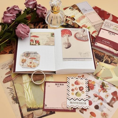 Image of GDNK 346pcs Vintage Journal Scrapbook Pack Kit for Art Journaling Bullet, Planners DIY Paper Stickers, Craft Kits Notebook, Collage Album Aesthetic Sticker (Moonlight) (Red Mushroom)