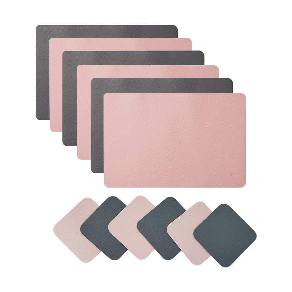 Dapeng Pink + Dunkelgrau Placemats And Coaster Sets 6, Double Thickened Place Mats Set Of 6 Dining Table Mats And 6 Coasters, For Hotel And Office (Pink+Dark Gray)