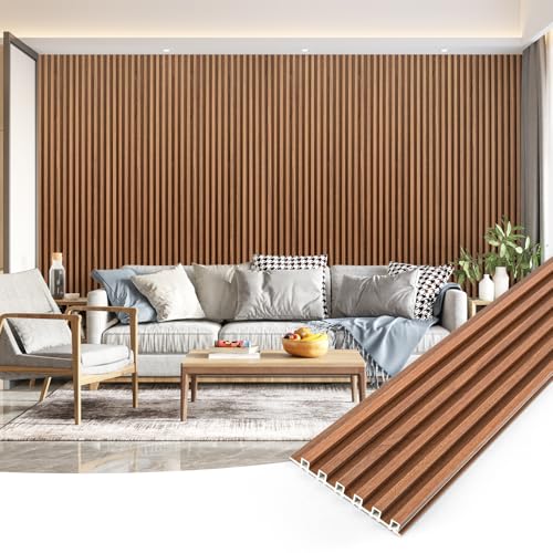 Art3dwallpanels Wood Slat Wall Paneling, 104'' x 6.7'' WPC Soundproof 3D Wall Panels for Interior Wall Decor, 8 Pack Fluted Textured Panel Wall Slats, Teak