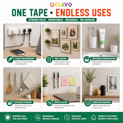 Image of UCRAVO Double Sided Tape Heavy Duty, Transparent Strong Adhesive Mounting Trackless Removable Washable for Tape for Posters, Carpets, Photo Frames, Kitchen,Office,Car Decor(3 Meter).