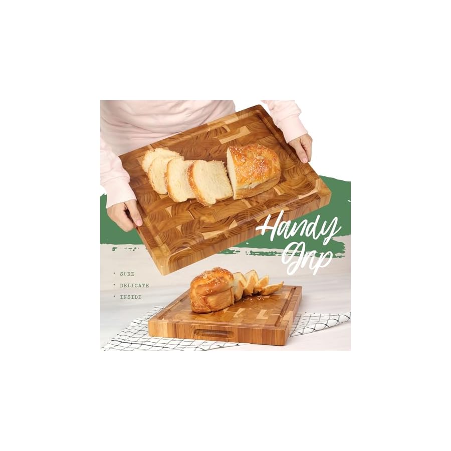 Teak Wooden Cutting Board (17x13x1.5in) End Grain Cutting Board, Butcher Block, Chopping Board - Reversible Multipurpose For Kitchen with Juice Groove & Inner Handles with Gift Box Included