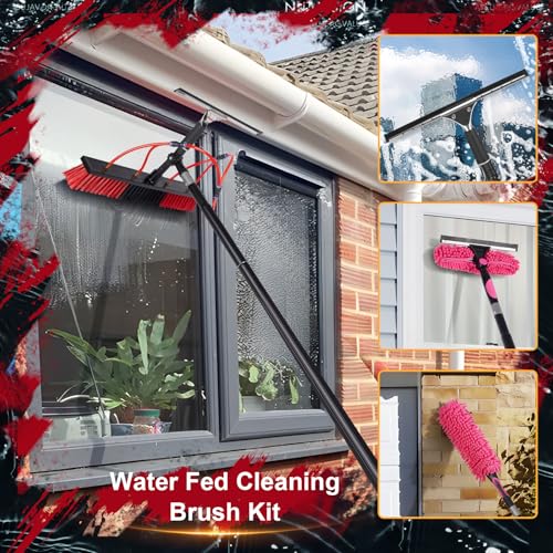 Image of 35ft Long Reach Solar Panel Cleaning Brush & Squeegee Kit, Aluminum Extendable Water Fed Pole Kit, 22in Wide Brush,Squeegee, Bendable Dusting Brush, Outdoor Window Washing Equipment Tool Kit