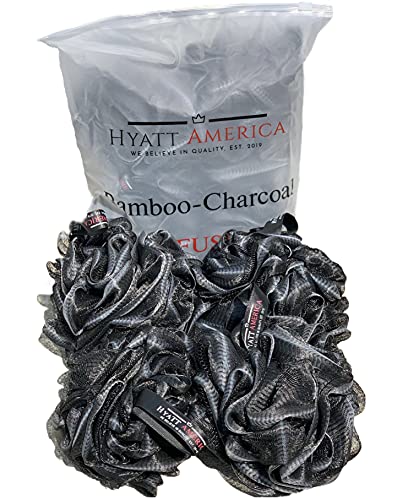 Hyatt America Shower Puff 4 Pack Black Bath Sponge Shower Loofahs Pouf Ball Nature Bamboo Charcoal Mesh Bulk Puffs Large, Shower Essential Skin Care