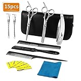 ✁ Juego de tijeras profesionales: 1 x Tijeras de corte; 1 x Tijejas adelgazante; 1 x Navaja de afeitar; 1 x Maquinilla de Peine; 6 x Cuchillas reemplazadas; 2 x Peine; 2 x Horquillas para el pelo; 1 x Paño de limpieza. Todo en una elegante funda de piel ecológica, para obtener fácilmente un corte como un peluquero