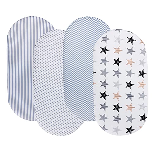 Image of Onacosht Bassinet Sheets for Baby Boy and Girl, Stretchy Breathable Fitted Sheet Universal for Bassinet Cradle Hourglass Oval Rectangle Pad/Mattress, 4 Pack Stripes Dots Chevrons and Stars ﻿