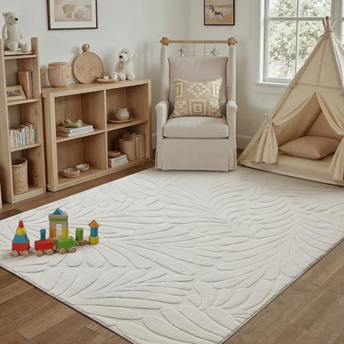 Creme Teppich Wohnzimmer 120x180cm Boho Schlafzimmer Waschbarer Teppiche 3D Effekt Kinderzimmer Balkon Bettvorleger Gegend Esszimmer Flauschig Kurzflor Groß Carpet Creme 120 x 180 cm (Rechte