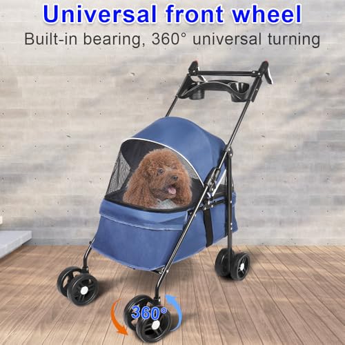 Homewell Klappbarer Haustierwagen mit Getränkehalter, Hundewagen & Katzenwagen, Leicht & Bequem mit Sicherheitsgurt, Atmungsaktiv, Stauraum, bis 20kg (Blau)
