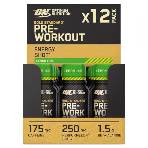Optimum Nutrition Gold Standard Pre-Workout Energy Shot, trinkfertig mit Beta Alanin, Koffein, PerforMelon Boost und Vitamin B6 und B12, Zitronen-Limetten-Geschmack, 12er-Pack, 12 x 60 ml