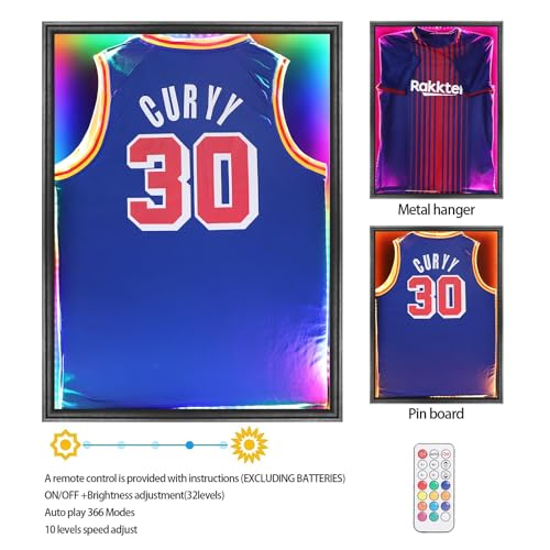 Image of Jersey Frame Display Case with LED , Sports Jersey Frame Lockable Shadow Box with UV Protection Acrylic and Metal Hanger for Baseball Basketball Football Shirt, Black