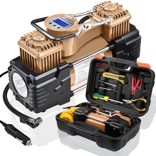12V Dual Cylinder Tire Inflator with Digital Gauge Repair Tool Kit