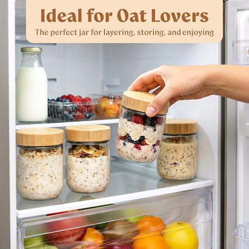Image of EDELHAUS Overnight Oats Containers with Lids - Glass Mason Jars, Meal Prep | Bamboo Wood, Airtight Silicone Seal Set of 4 - Stackable for Chia Pudding, Yogurt, Cereal, Oatmeal, Salad, Pantry Storage