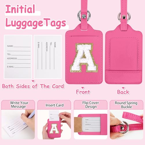 Initial Luggage Tags for Suitcases, Cute Letter Luggage Bag Suitcase Identifier Name Baggage Tag, PU Leather Travel Luggage Tags, Bag Tags for Men Women Kids Luggage Handbags(Rosered-White A)3