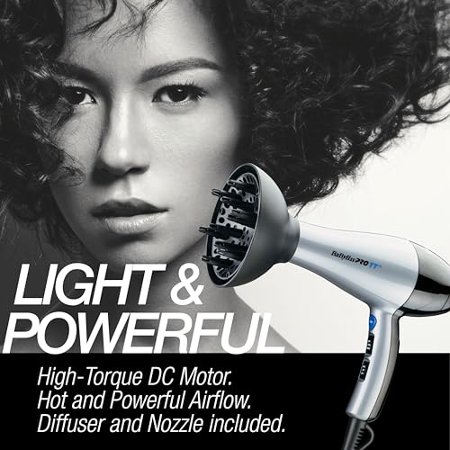 BaBylissPRO TT Tourmaline and Ceramic Hair Dryer with Diffuser and Concentrator Nozzle, 1875 watts Blow Dryer with 2 speeds and 3 heat settings-BTM5559C