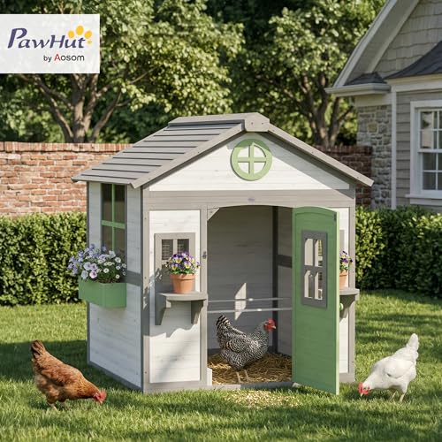 Image of PawHut Chicken Coop, Wooden Hen House Outdoor Playhouse for 2-4 Chickens, Poultry Cage with Nesting Box, Planter Pots and Boxes, Windows, Rabbit Hutch for Backyard, 50 inch x 44 inch x 54 inch, White