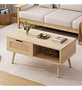 SogesPower Rattan Coffee Table,Modern Boho Farmhouse Small Coffee Table Storage,Wood Central Tabl...