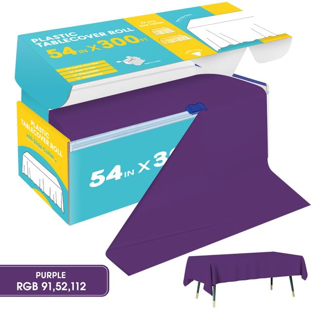Image of Niuara Purple Plastic Table Cover Roll - 54IN x 300FT, Table Cloth for Rectangle Table with Slide Cutter, Plastic Table Cloth Disposable with Cut-to-Size Design for Weddings, Banquets, Parties