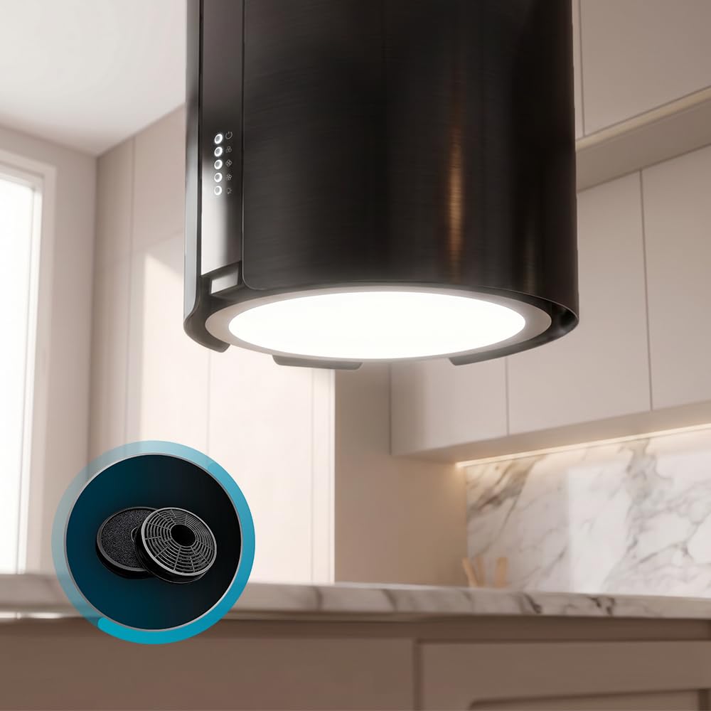 Cecotec Hotte Aspirante d'Îlot Ronde 38 cm Bolero Flux CRE 385500 Black A+. Finition en Acier Noir, Aspiration 591,2 m³/h, Commande par Boutons Électroniques, Filtre à Charbon, Classe A+, Moteur DC