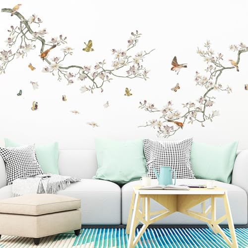 duisoad 3 Pièces Stickers Muraux Branche, Oiseaux Autocollant Mural Fleur Branche Oiseaux Décoration Murale pour Salons, Chambres, Murale, Fenêtres