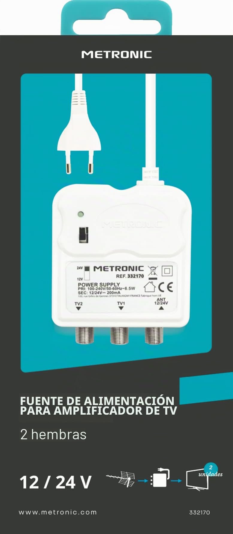 METRONIC 332170 - Amplificador de Interior con Ajuste de Ganancia, 2 Salidas de TV de 9,52 mm – Fuente de alimentación de 12/24 V para Amplificador de TV – Fuente de alimentación – Color Blanco