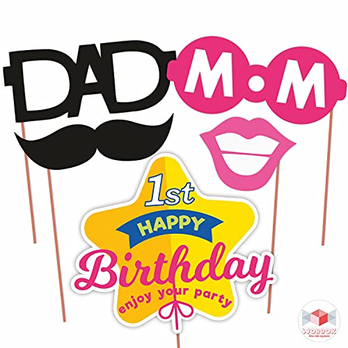 Image of Wobbox All Occasion Indian Family Photo Booth Party Props (18 Pieces) & Wobbox First Birthday Party Props for Birthday Events, Pink