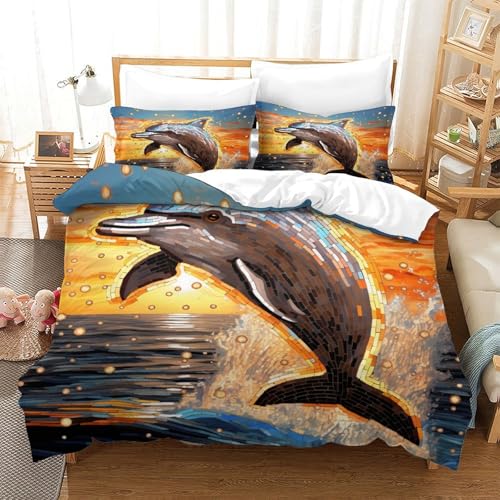 Housse de couette dauphin 3D 140x200 microfibre avec taie d'oreiller