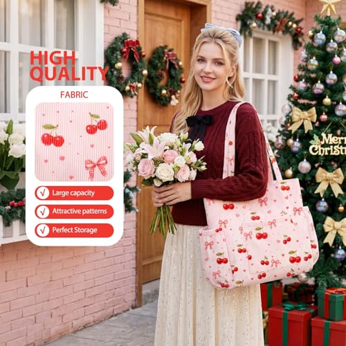 hatisan Cherry Bow Corduroy Tote Bag for Women, Cute Coquette Shoulder Bag - image 6