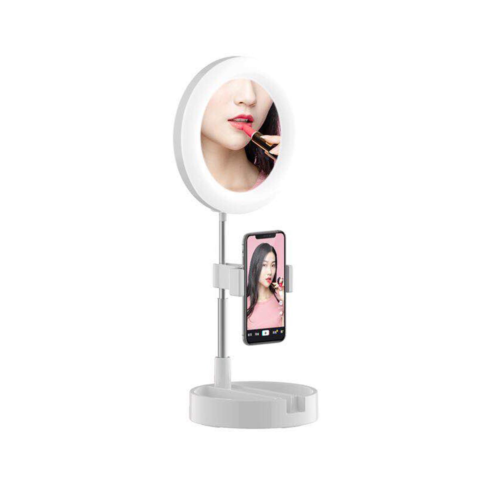 Luce ad Anello LED Pieghevole con Specchio per il Trucco e Porta Telefono, Dimmerabile 3 Modalità Colore Ring Light da Scrivania per Youtube, Tik Tok,Trucco, Fotografia,Bianca
