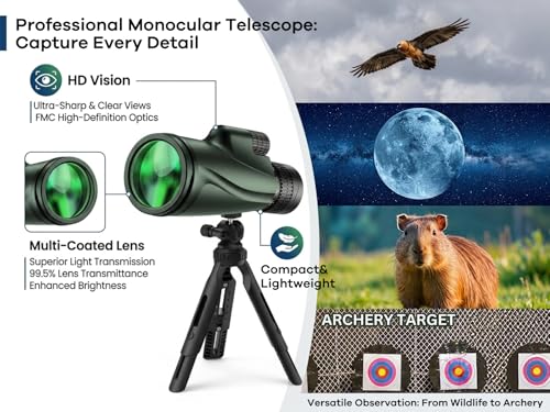 Image of Monocular Telescope 80 x 100 High Powered Monoculars for Adults with Tripod, Monocular for Smartphone Suitable for Bird Watching Larger Vision Monoculars for Adults with BAK4 Prism & FMC Lens Green