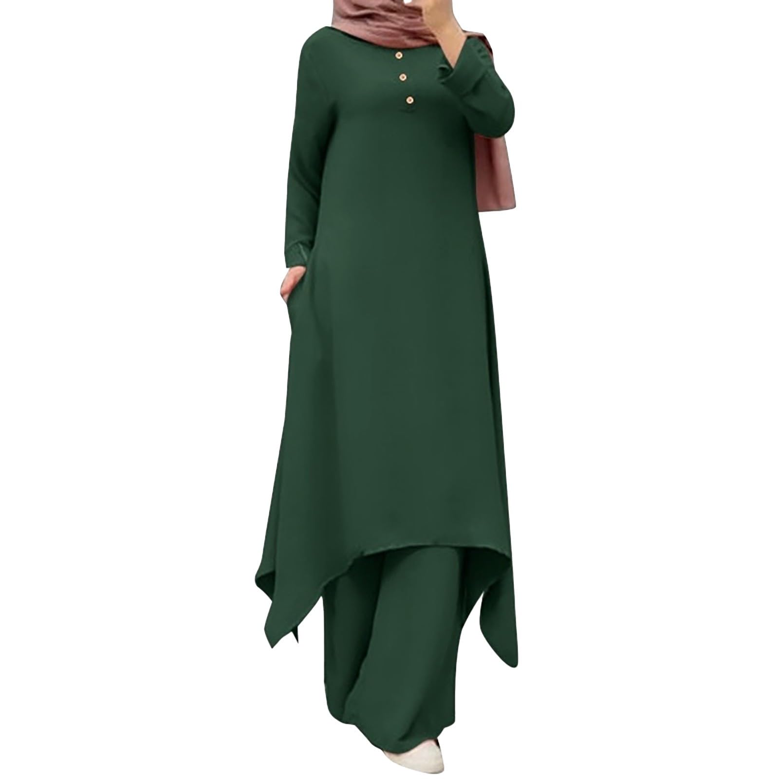 Womens Muslim 2 Pieces Sets Long Sleeve Button Down Shirt and Pants Abaya Casual Dress Dubai Outfits