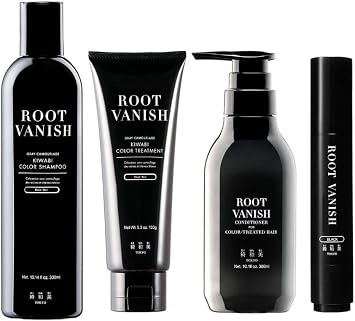 Kazumi KIWABI Root Vanish Gray Hair Care Complete Set, Color Treatment, Color Shampoo, Conditioner for Damaged Hair, Coloring Brush, Set of 4 Black