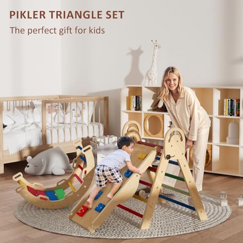 Image of ElegantCrafts Pikler Triangle Set with Cushion, Montessori Climbing Set, Indoor Climb Toys, Indoor Playground Jungle Gyms, 9 Combinations Climbing Toy Set for Toddler, Baby, Kids 1-4
