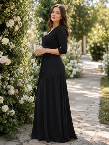 Image of PinkPatty Plus Size Maxi Dress for Women 3 /4 Sleeve Casual Long Dress | Soft stretchy fabric, functional pockets, flattering wrap v neck for vacation, casual wear and everyday styling
