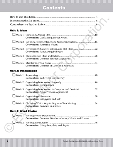 Evan-Moor Daily 6-Trait Writing, Grade 6 Homeschool and Classroom Resource Workbook, Reproducible Worksheets, Teaching Edition, Lesson Plans, Ideas, Organization, Word Choice, Sentence Fluency, Voice - Image 2