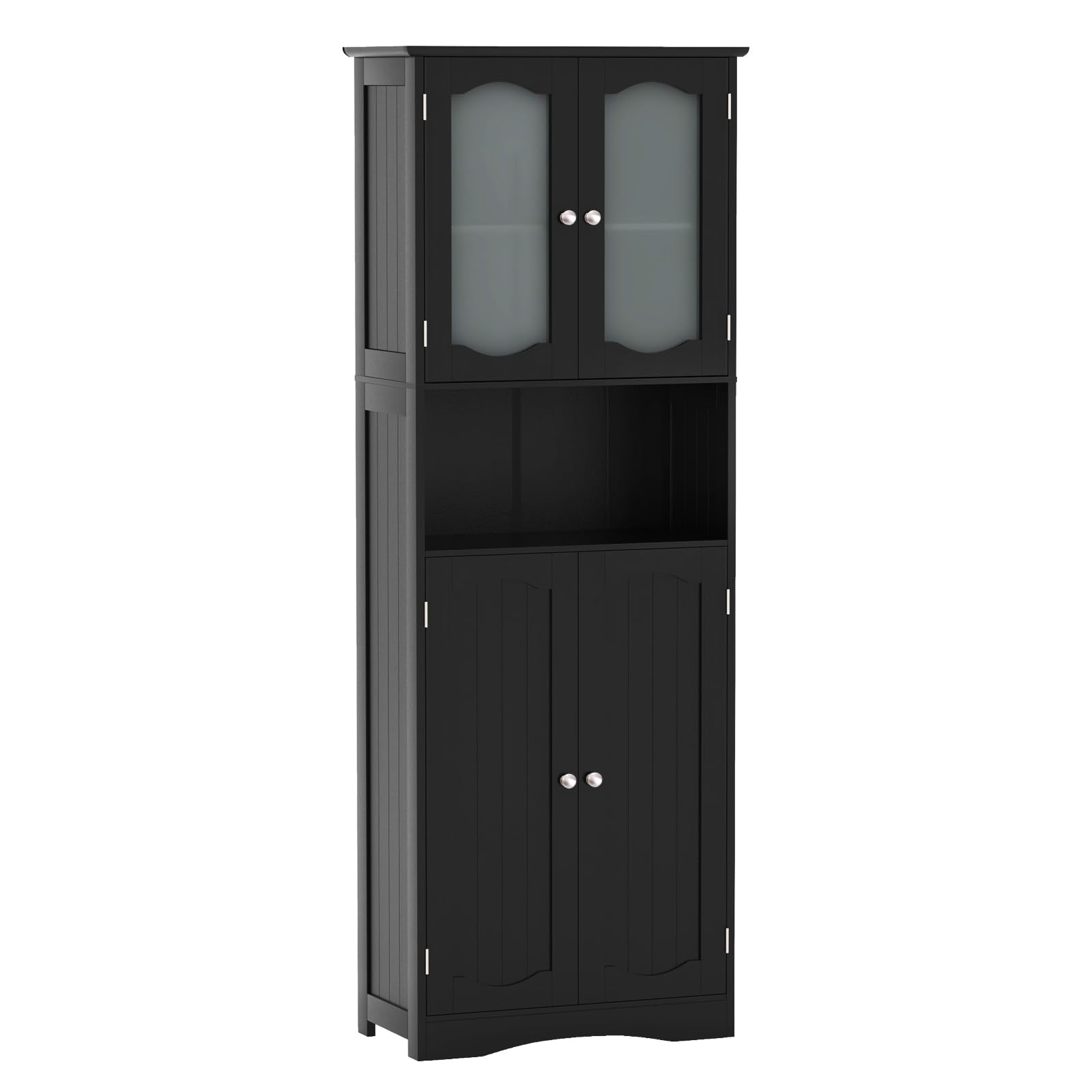 LIFEZEAL Hochschrank, Freistehender Badezimmerschrank mit Glastüren, Badschrank mit verstellbaren Regalen, Aufbewahrungs-Organizer für Küche, Wohnzimmer, Büro, 60 x 30 x 164 cm (Schwarz)