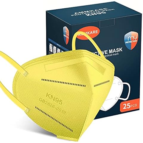 ammkare KN95 Face Masks 25 PCS for Adults 5-Ply Breathable and Comfortable Filter Safety Mask for Women Men Yellow Cover