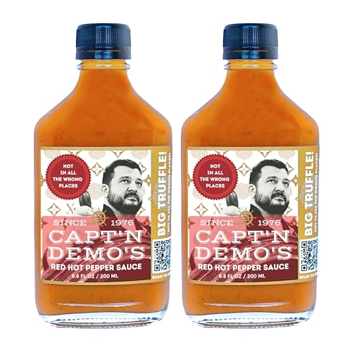Image of CAPT'N DEMO'S Truffle Hot Sauce BIG TRUFFLE FLASK - Gourmet Red Sauce with Real White & Black Truffle - Hot Honey Garlic Blend - Small Batch Luxury Hot Sauce Gift Set - (2 Pack - BIG Travel Bottle)