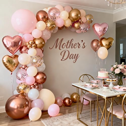 Image of Zesliwy Rose Gold Pink Balloon Arch Kit,Light Pink Nude White Metallic Gold Balloons Garland Rose Gold and Gold Confetti Balloons with Heart Balloon for Wedding Bridal Shower Birthday Party Decor