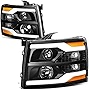 [Halogen] Dual LED DRL Strip Projector Headlights Assembly Compatible with 2007-2014 Chevy Silverado 1500 2500HD 3500HD, Driver and Passenger Side, Black Housing