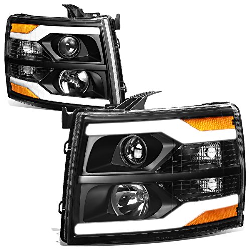 [Halogen] Dual LED DRL Strip Projector Headlights Assembly Compatible with 2007-2014 Chevy Silverado 1500 2500HD 3500HD, Driver and Passenger Side, Black Housing