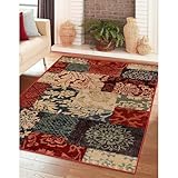 Superior Indoor Area Rug, Jute Backing, Patchwork Floral Rugs for Entryway, Living Room, Kitchen Floors, Plush Floor Cover, Color Block Damask Rug, Kennicot Collection, 4' x 6', Beige Red