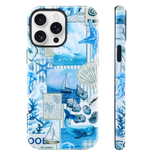 Image of Magnetic for iPhone 15 Pro Max Case [Compatible with Magsafe] Seashell Ocean Whale Collage Design, Full Body 2 in 1 Shockproof Scratch Resistant Protective Cover for Women Girl